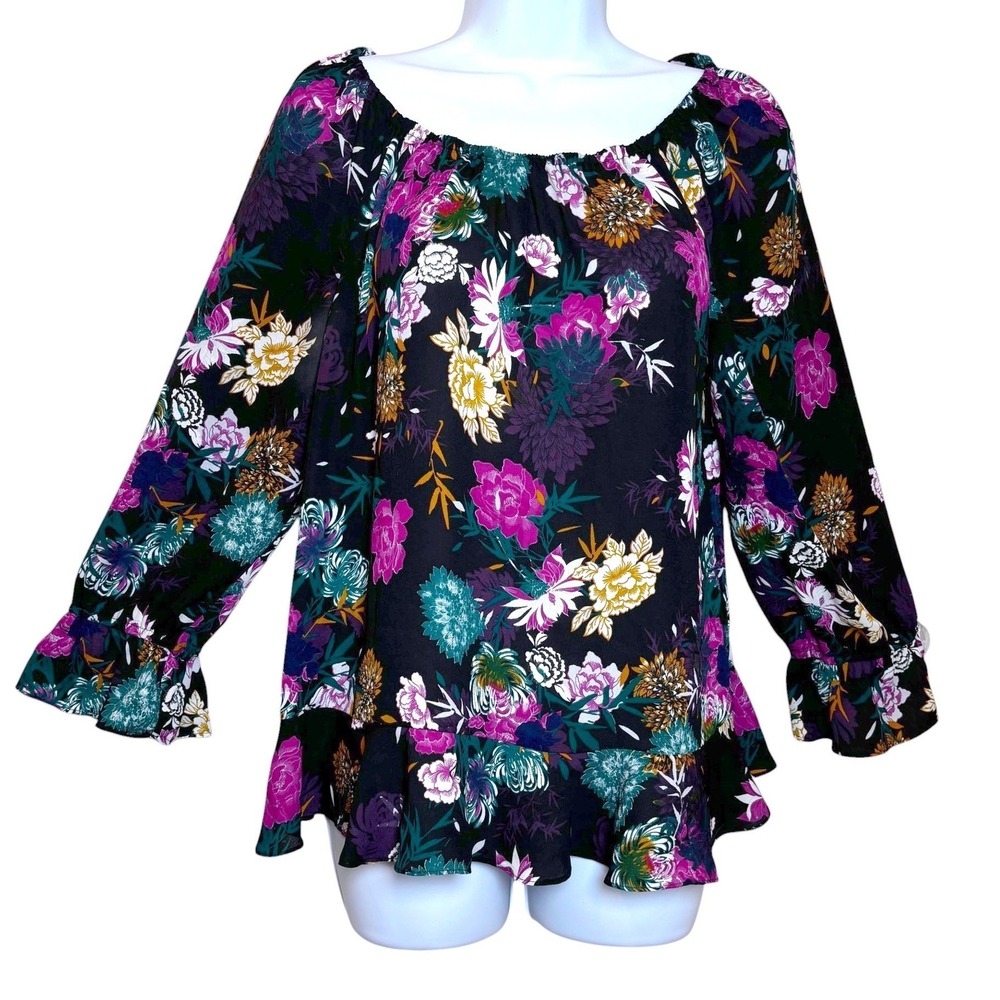 INC Dark Floral Peasant Bell Sleeve Top Sz M Whimsigoth‎ Moody Romantic Gothic